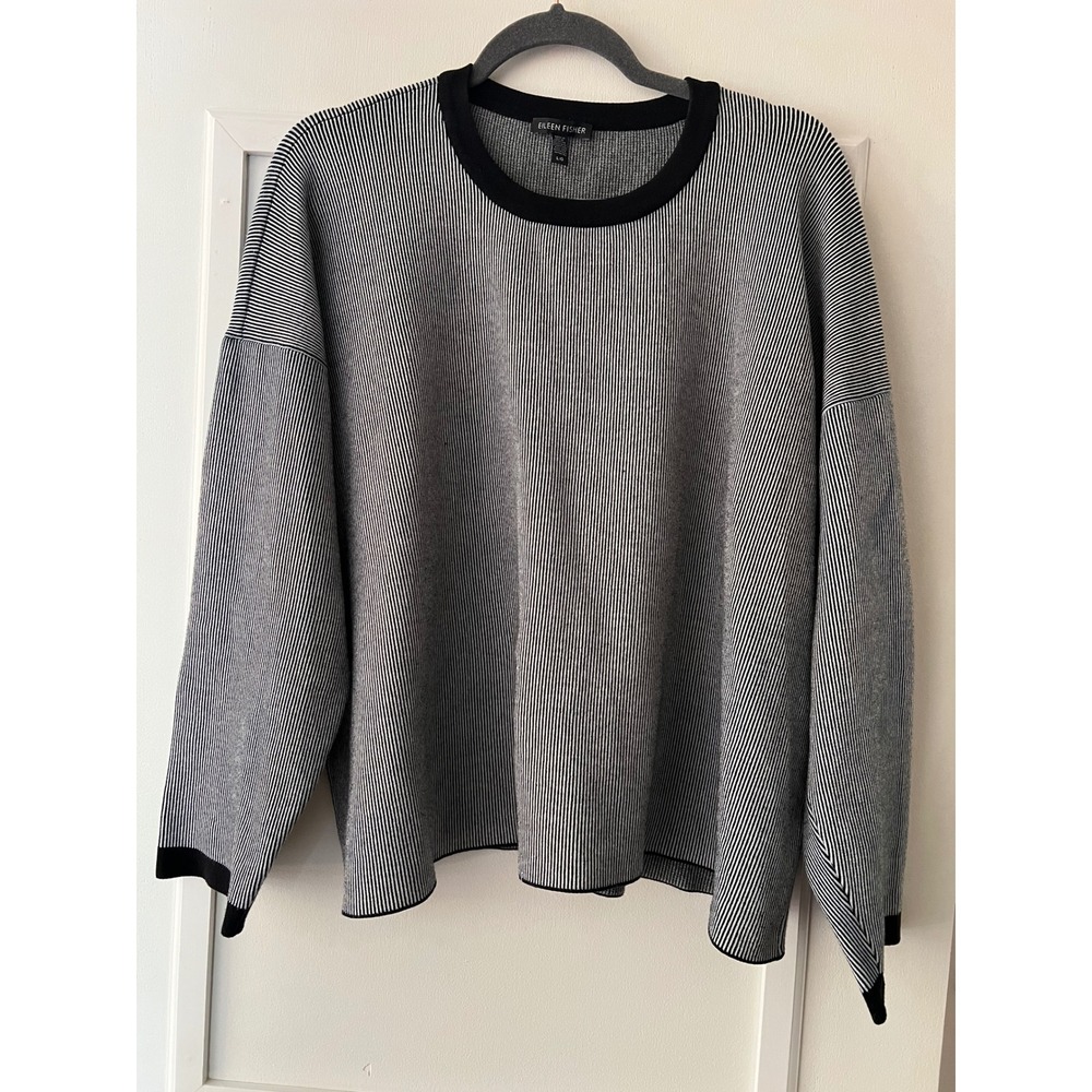 Eileen Fisher Women Large Striped Tencel Lyocell Boxy Sweater Black White L/G